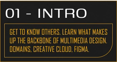 Get to know others. Learn what makes up the backbone of Multimedia Design. Domains, Creative Cloud, Figma.